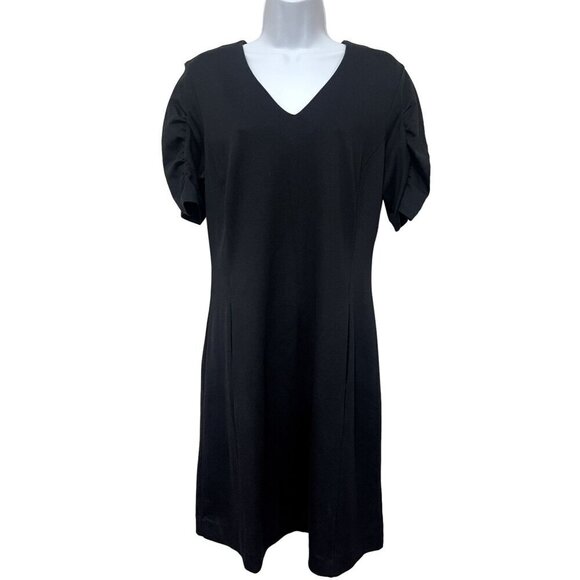 Cabi V-Neck Knee Length Dress Hidden Pockets Back Zip Ruched sleeves Size Medium - Picture 1 of 13